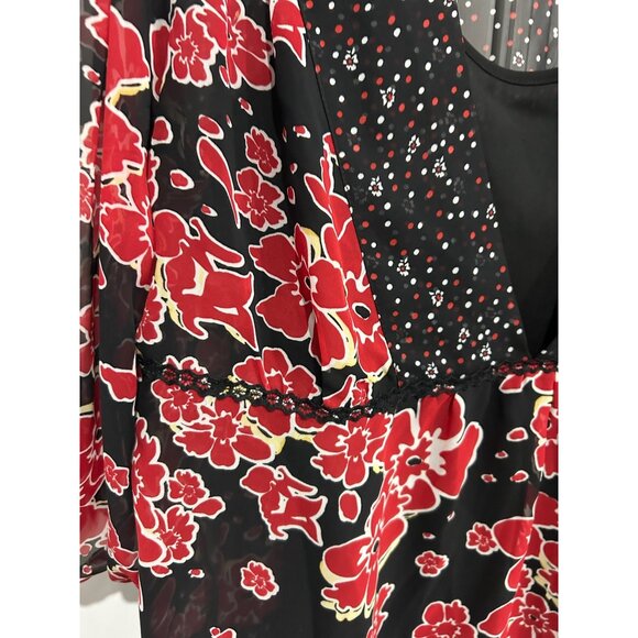 Style & Co. Floral Sheer V-Neck 3/4 Sleeve Blouse Black Red Sz 18 Camisole Boho - Picture 4 of 11